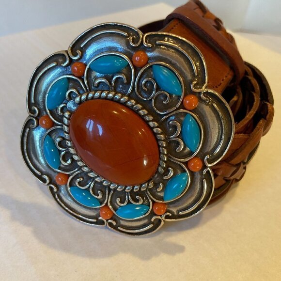 Olga Santini genuine brown leather western belt with large jeweled buckle, M